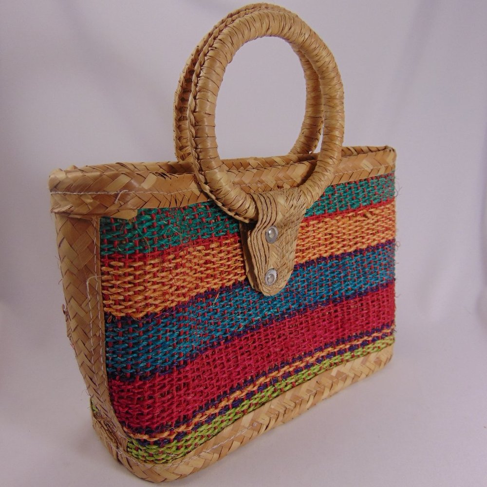 Retro Multi-Colored, Striped Pattern Woven Tote W… - image 2